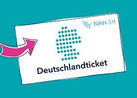 Gepunktete Deutschlandkarte, drunter steht Deutschlandticket, ein pinker Pfeil zeigt auf den Schriftzug