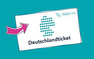 Deutschlandticket Gepunktete Deutschlandkarte, drunter steht Deutschlandticket, ein pinker Pfeil zeigt auf den Schriftzug