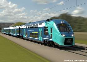 Außenansicht eines neuen Zuges mit gezeichneter Oberleitung