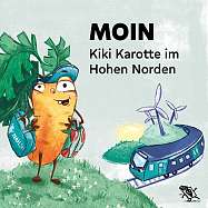 Man sieht Kiki Karotte mit einem NAH.SH-Koffer neben einem Zug 