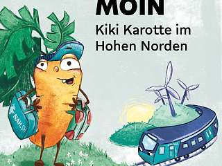 Man sieht Kiki Karotte mit einem NAH.SH-Koffer neben einem Zug 