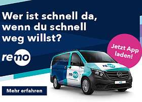 Text: Wer ist schnell da, wenn du schnell weg willst? Im Vordergrund ist ein Van im blau-türkisen remo-Design.