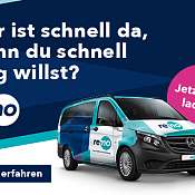 Text: Wer ist schnell da, wenn du schnell weg willst? Im Vordergrund ist ein Van im blau-türkisen remo-Design.