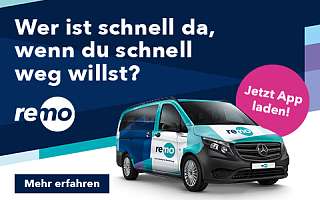remo Text: Wer ist schnell da, wenn du schnell weg willst? Im Vordergrund ist ein Van im blau-türkisen remo-Design.