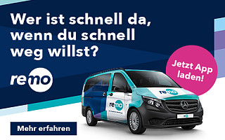 Text: Wer ist schnell da, wenn du schnell weg willst? Im Vordergrund ist ein Van im blau-türkisen remo-Design.