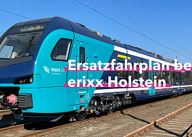 Bild: Zug Text: Ersatzfahrplan bei erixx Holstein