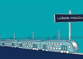 gezeichneter Zug mit einem Lübeck-Moisling Halteschild rechts oben