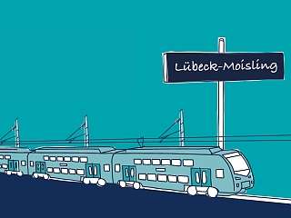 gezeichneter Zug mit einem Lübeck-Moisling Halteschild rechts oben