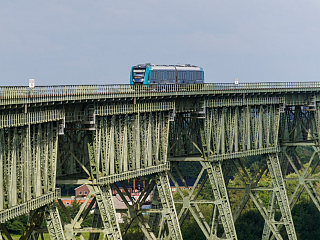 Zug auf Gleisbrücke