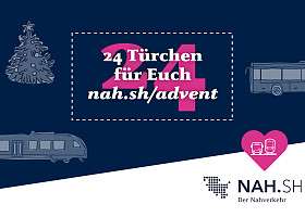 Dunkelblauer Hintergrund. Schriftzug: 24 Türchen für Euch. nah.sh/advent