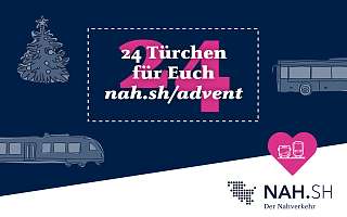 Dunkelblauer Hintergrund. Schriftzug: 24 Türchen für Euch. nah.sh/advent