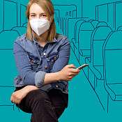 Frau mit Maske sitzt in einem gezeichneten Zug.