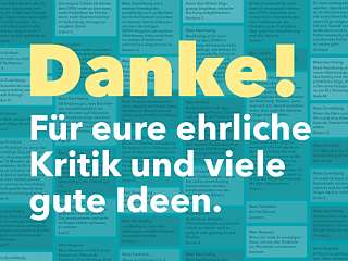 Geld und weiße Schrift auf türkisfarbenem Hintergrund: Danke! Für eure ehrliche Kritik und viele gute Ideen.