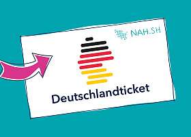 Abbildung eines Deutschlandtickets von NAH.SH auf türkisem Hintergrund mit pinkem Pfeil