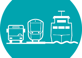 Icon mit Bus, Schiff und Zug in Türkis