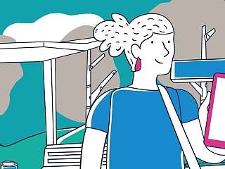 Illustration mit einer Frau mit Mobiltelefon am Bahngleis