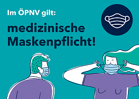 Plakat: Im ÖPNV gilt: medizinische Maskenpflicht