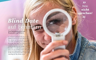 Frau mit Lupe, links Überschrift "Blind Date auf Fehmarn" plus Artikel