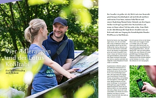 links: Mann und Frau in der Natur mit der Überschrift vier Adleraugen und der Lotuskohrabi, rechts: Artikel zur Überschrift