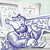 Zeichnung einer Comicfigur, die einen großen Bauplan in der Hand hält