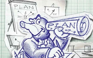 Zeichnung einer Comicfigur, die einen großen Bauplan in der Hand hält