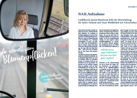 links: Sicht aus Lokführerkabine, im Spiegel ist die Lokführerin zu sehen, mittig der Schriftzug: zu schnell zum Blumenpflücken, rechts: Artikel zum Bild