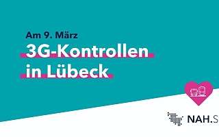 3G Kontrollen in Lübeck Schriftzug auf türkisem Hintergrund