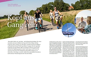 Personen auf Fahrrad, plus Artikel zur Überschrift: Kopf aus Gang rein