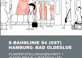 Illustration eines Bahnsteiges in Hamburg mit Pendlern und Regionalbahn, drunter der Schriftzug: S-Bahnlinie S4 (Ost) Hamburg - Bad Oldesloe Planfeststellungsabschnitt 1