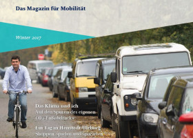 Los! Magazin Cover mit parkenden Autos rechts und einem Fahrradfahrer links