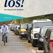 Los! Magazin Cover mit parkenden Autos rechts und einem Fahrradfahrer links